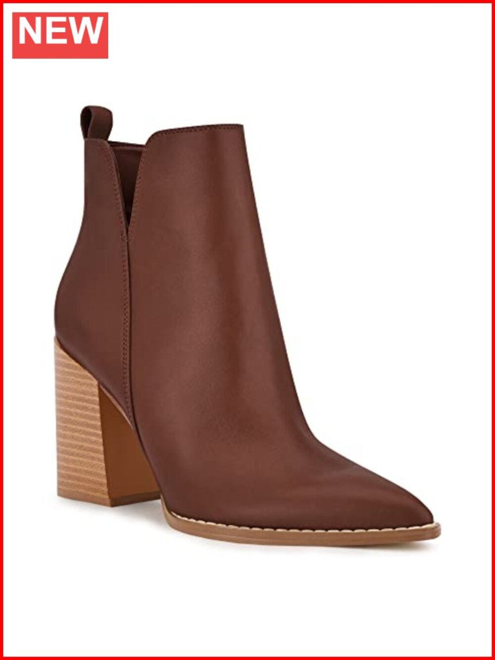 V Cut Ankle Boots Pointed Toe Stacked Chunky Heel Side Zipper Leather Cutout